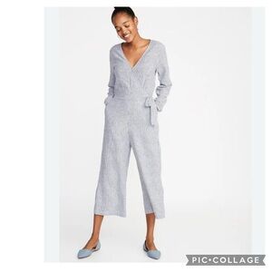 OLD NAVY WAIST-DEFINED LINEN RAYON BLEND STRIPED CROPPED JUMPSUIT